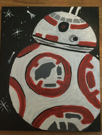 Very badly painted Star Wars BB8 druid on a childish night sky with comets and stars.