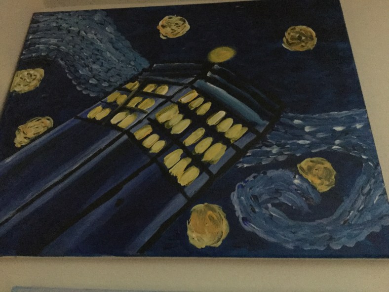 A painting of the Tardis from Doctor Who done badly like van Gogh' Starry Night.