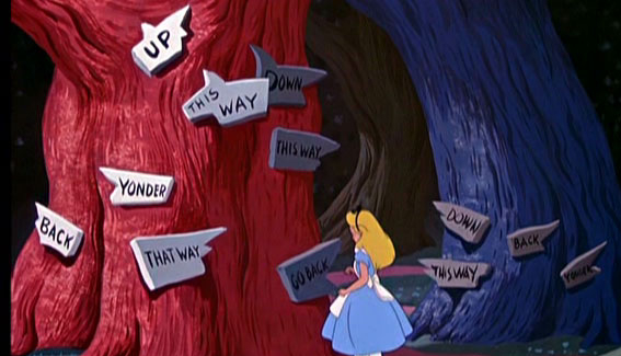 Picture of the signs in Tuggly wood from Disney's animated Alice in Wonderland movie
