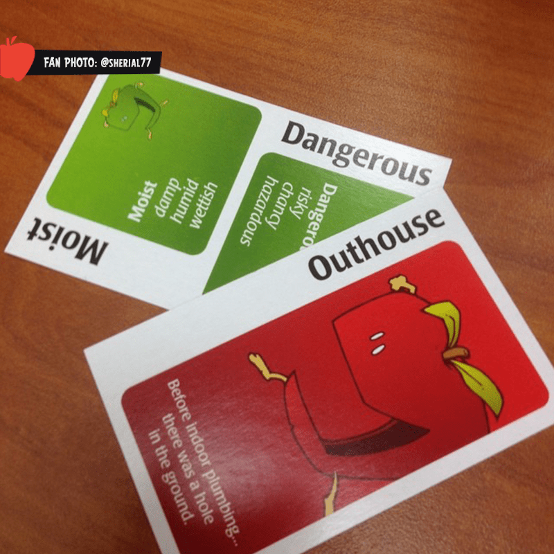 Picture of a green Apples to Apples card with the word "Dangerous" and a red Apples to Apples card reading "Outhouse."